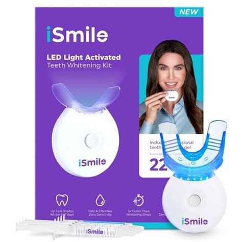 iSmile Teeth Whitening Kit - LED Light, 35% Carbamide Peroxide, (3) 3ml Gel Syringes, (1) Remineralization Gel, and Tray.